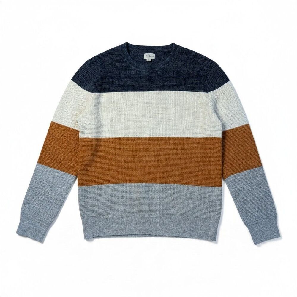 J.Crew Mens Large Rugged 100% Cotton Waffle Sweater Stripe Crewneck Colorblock
